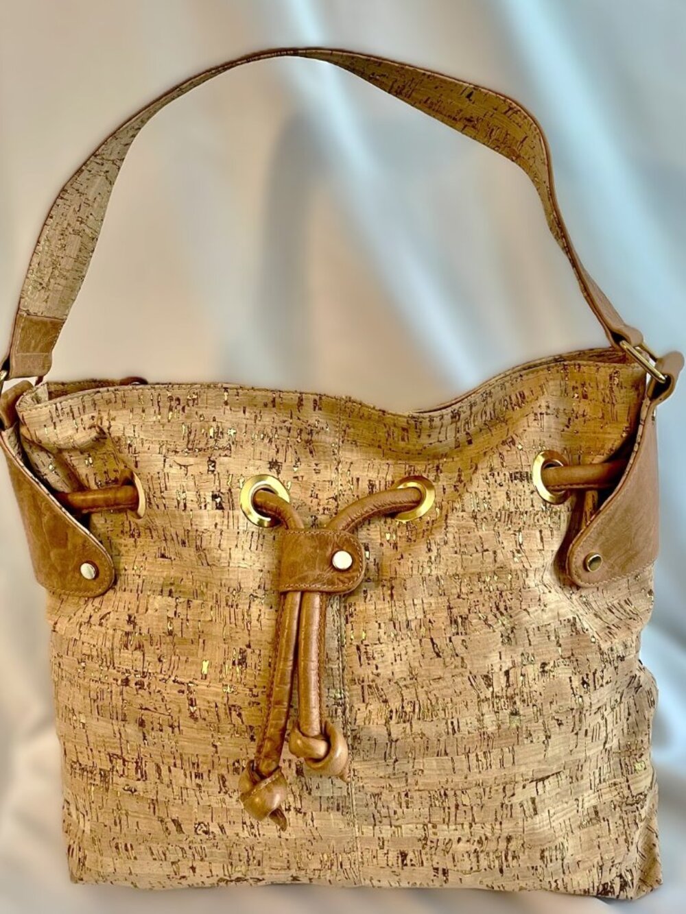 Borsetta Milano Cork & Leather Drawstring Bucket-Style Large Purse Shoulder Bag